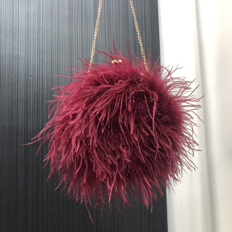 Custom European and American Cross-Border Trade Ostrich Feather Bag Crossbody Small Round Bag Phone Bag Handmade Fur Bag