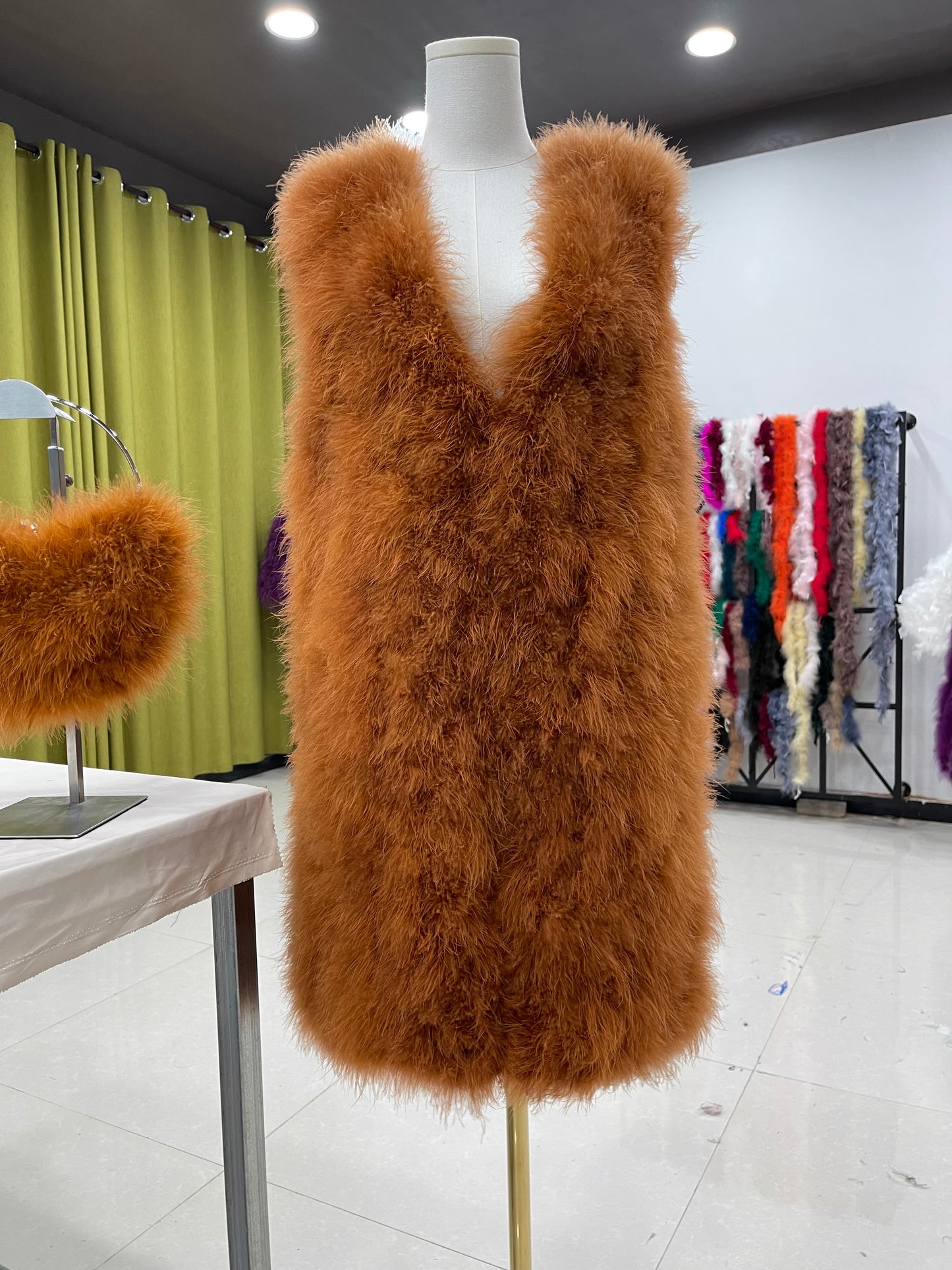 90cm long vest, women's long waistcoat, turkey feather vest, real feather hand-woven, can be wholesaled, can be customized in size, clothing factory