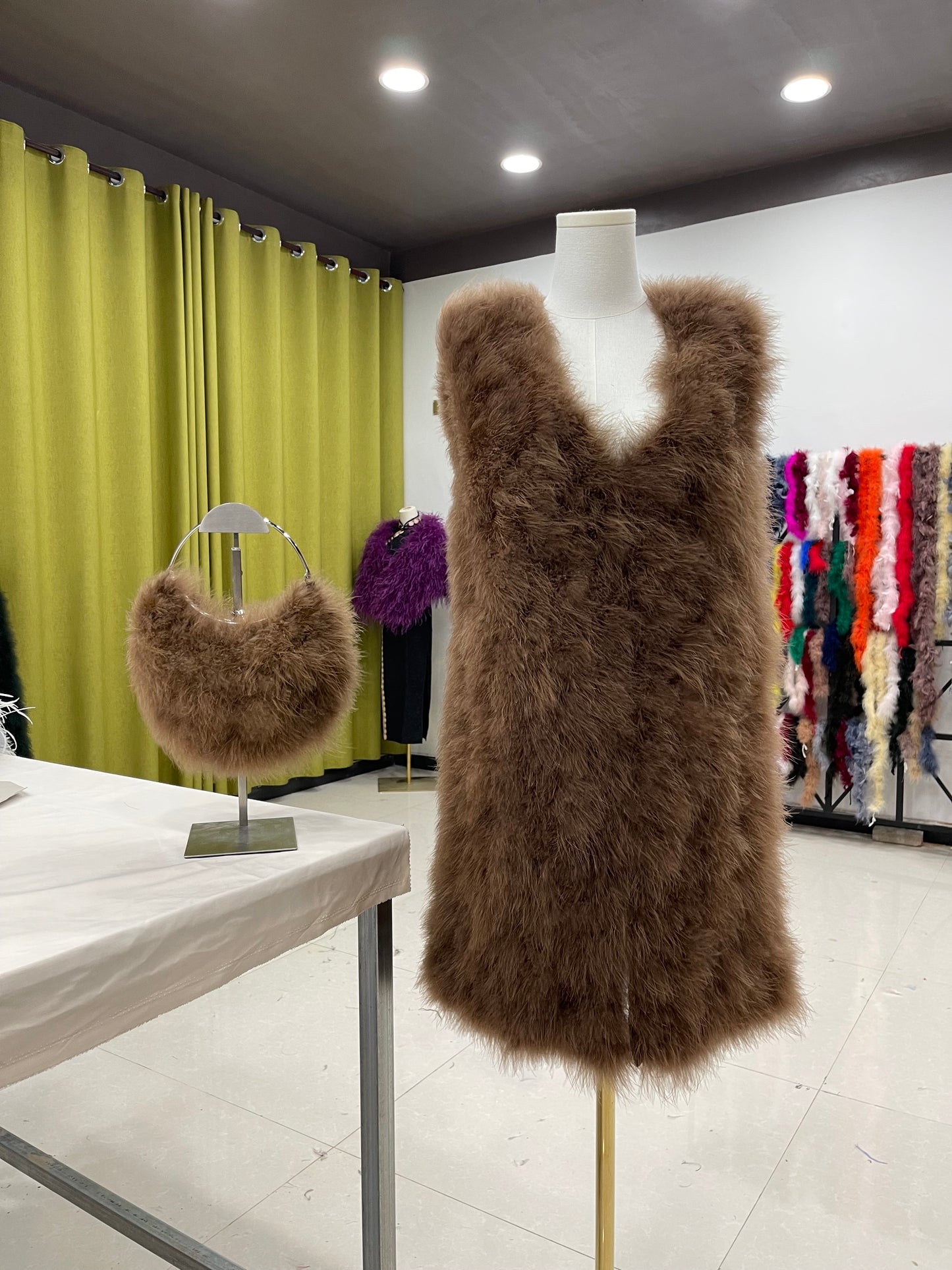 90cm long vest, women's long waistcoat, turkey feather vest, real feather hand-woven, can be wholesaled, can be customized in size, clothing factory