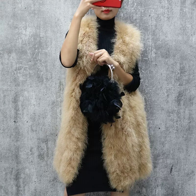 90cm long vest, women's long waistcoat, turkey feather vest, real feather hand-woven, can be wholesaled, can be customized in size, clothing factory
