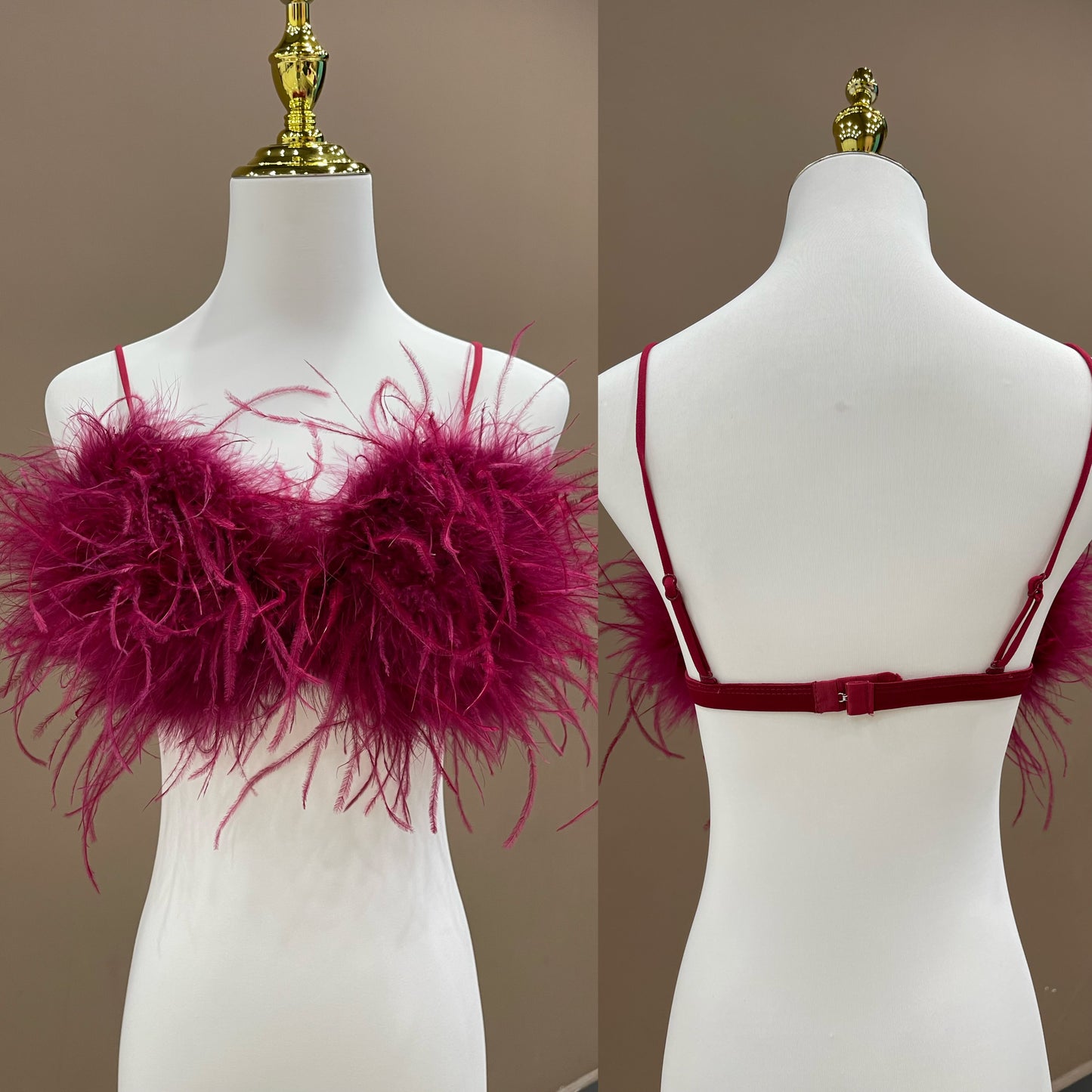 Ostrich feather bra, ostrich feather vest, ostrich feather chest wrap, backless sexy bra, women's beautiful back bra, outer wear bra vest, wholesale, clothing factoryTriangle cup bra