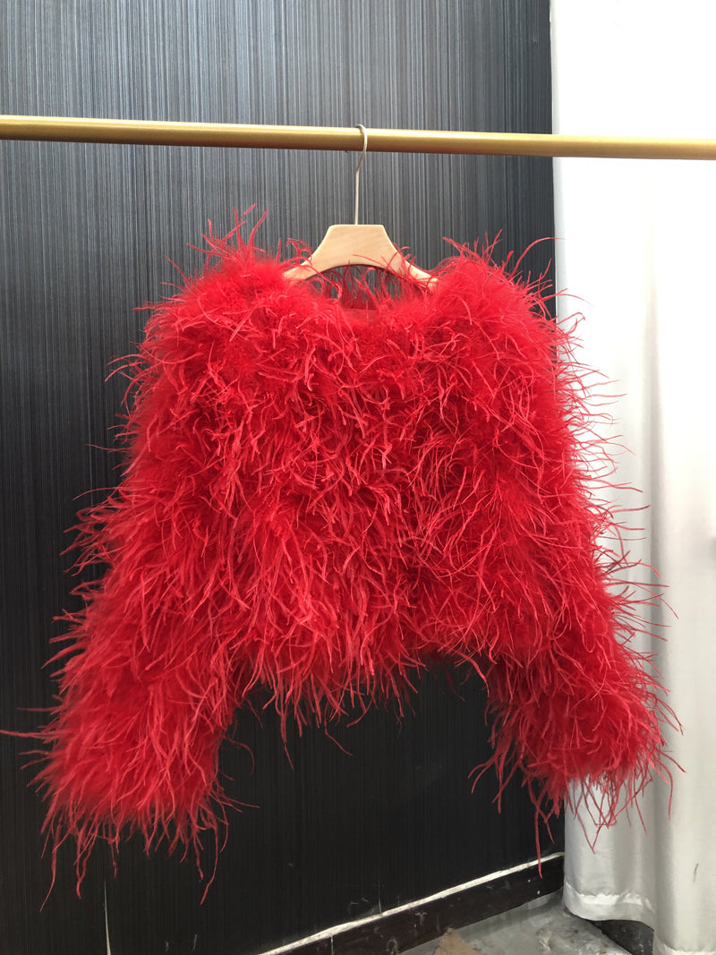 Ostrich feather coat, women's short jacket, real wool hand-woven sewing, plush top, wholesale clothing factory, can be customized