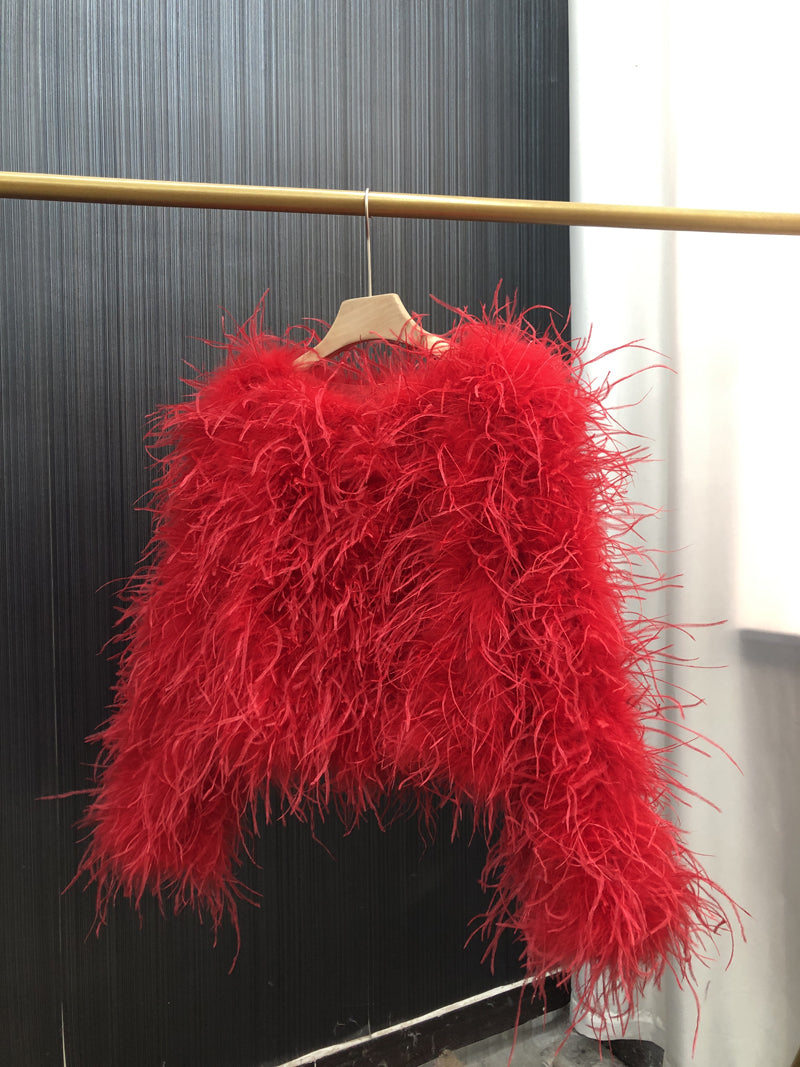 Ostrich feather coat, women's short jacket, real wool hand-woven sewing, plush top, wholesale clothing factory, can be customized