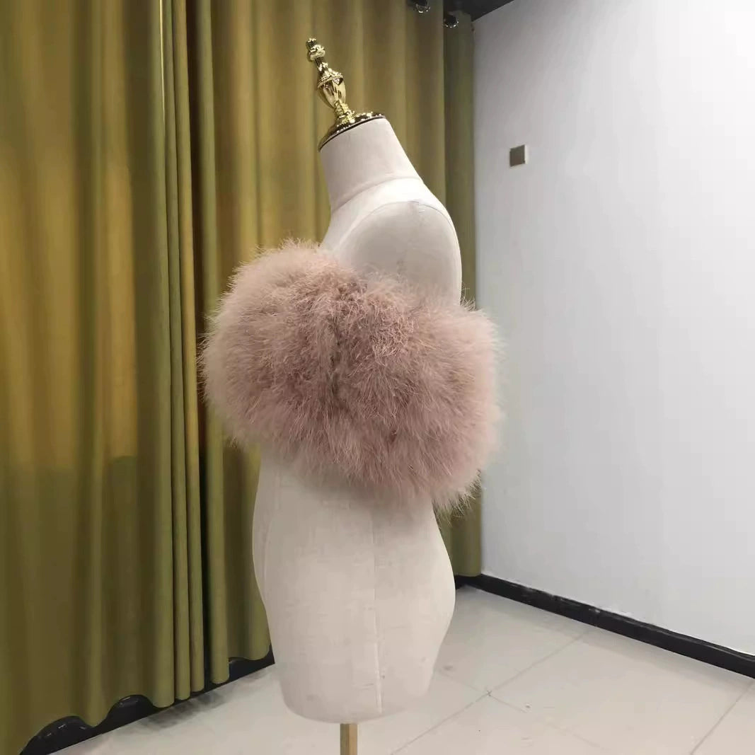 Women's vest, feather wrap top, one-shoulder crop top, tube top, turkey feathers, summer, hand-woven and sewn, wholesale clothing factory, sleeveless, sexy, nightclub