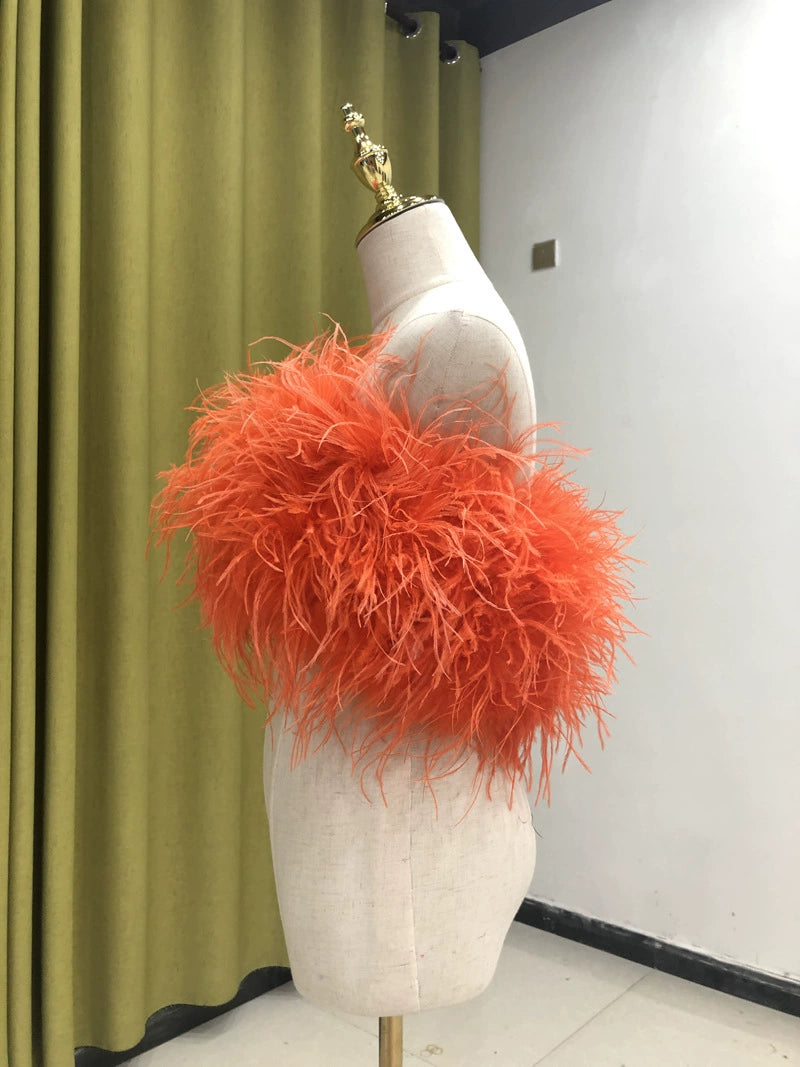Ostrich feather vest tube top for women sexy off-shoulder top handmade