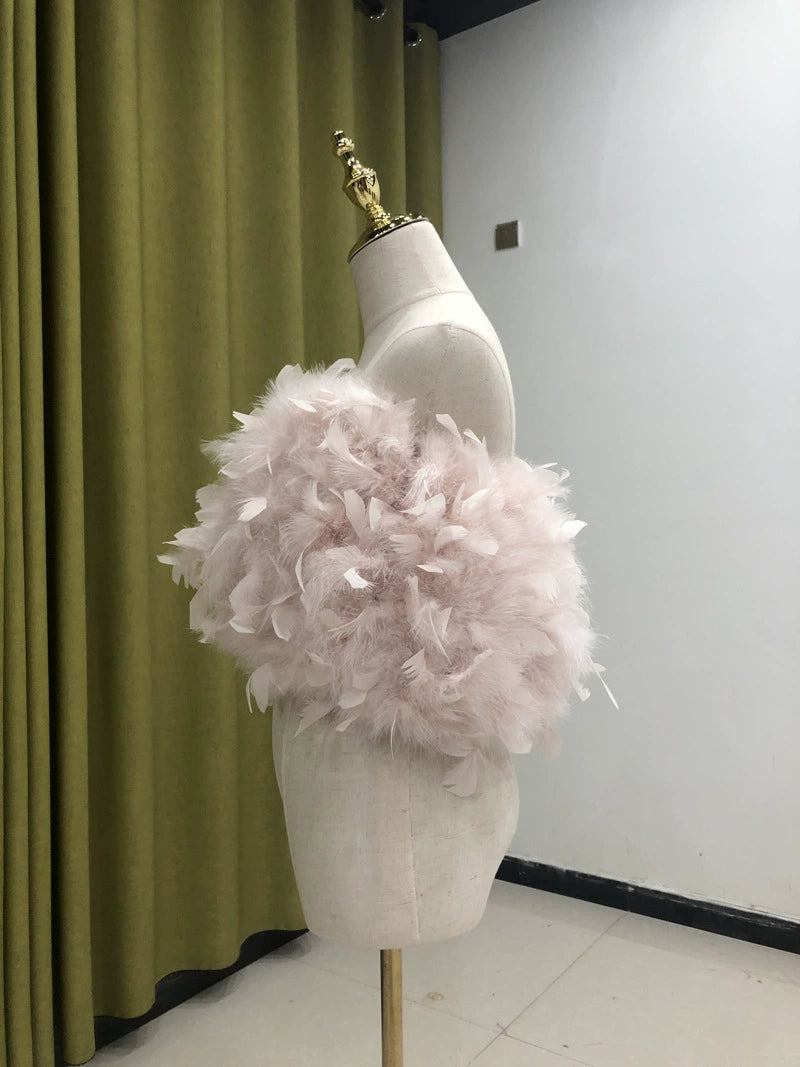 Women's vest feather wrap top one shoulder crop top tube top turkey feather summer hand-woven sewn clothing factory that can be wholesaled