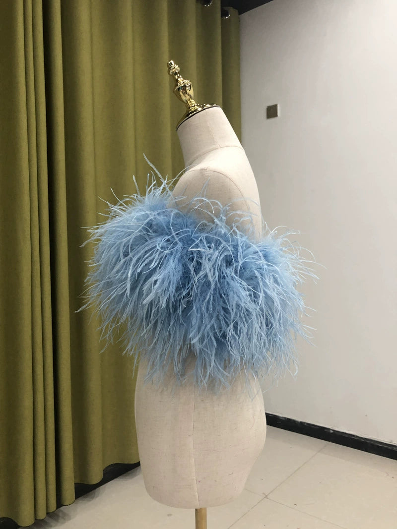 Ostrich feather vest tube top for women sexy off-shoulder top handmade