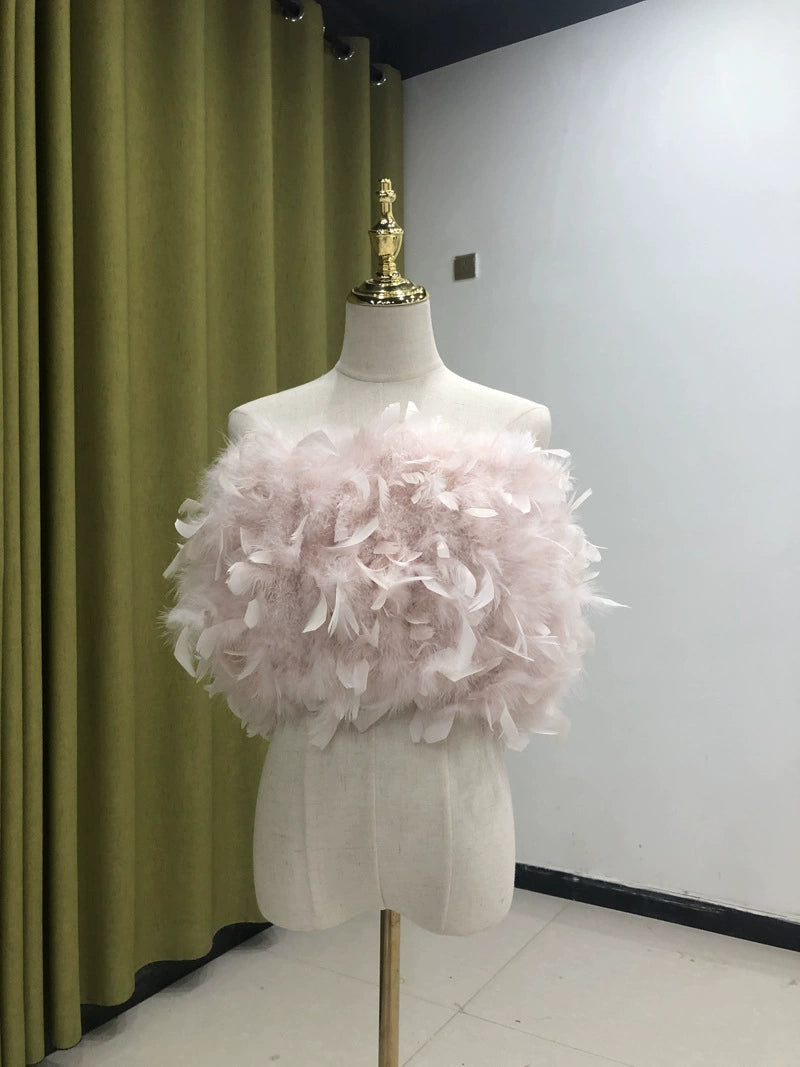 Women's vest feather wrap top one shoulder crop top tube top turkey feather summer hand-woven sewn clothing factory that can be wholesaled