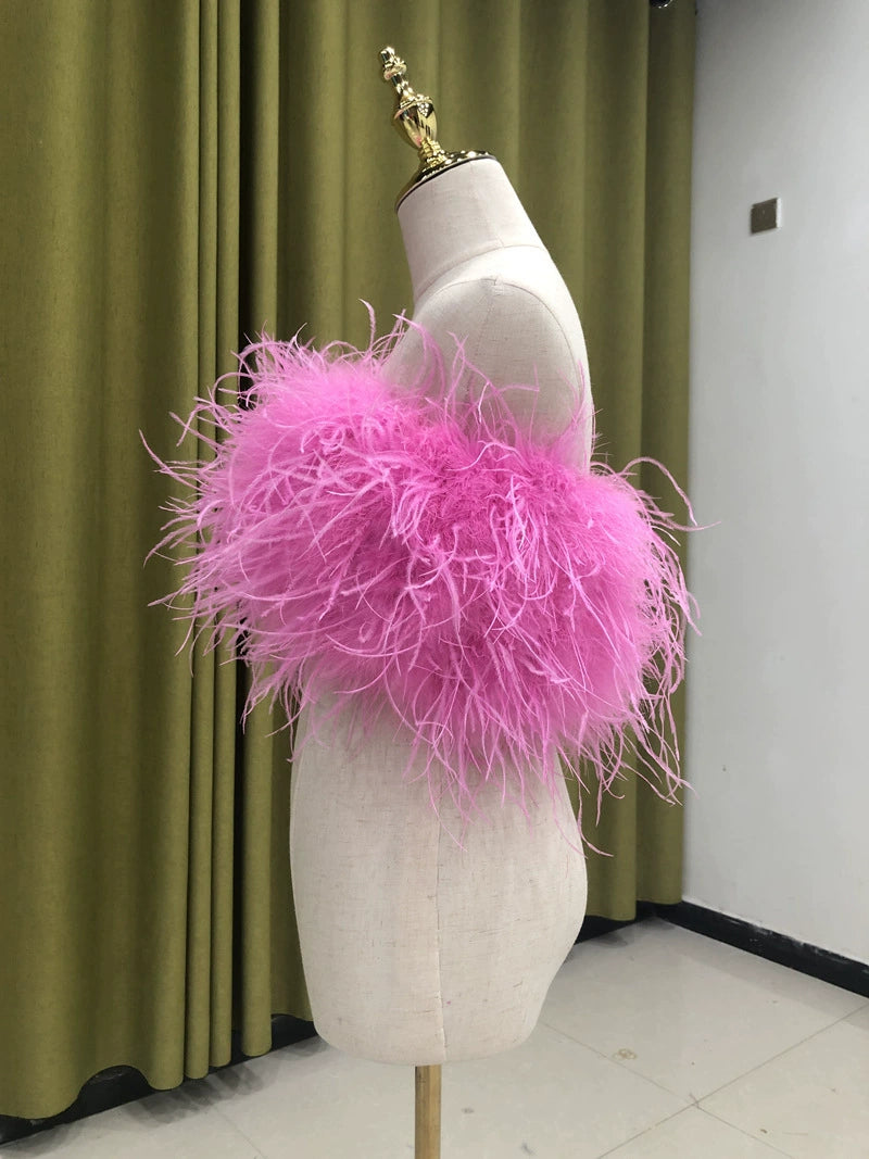 Ostrich feather vest tube top for women sexy off-shoulder top handmade