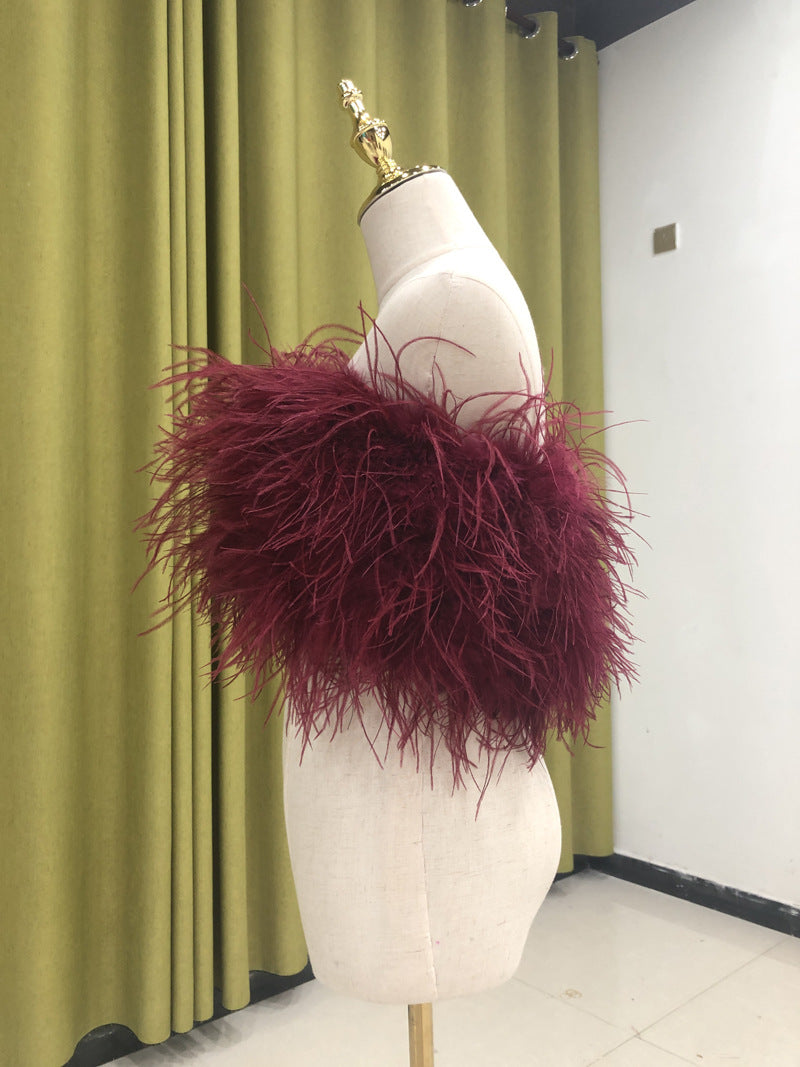 Ostrich feather vest tube top for women sexy off-shoulder top handmade