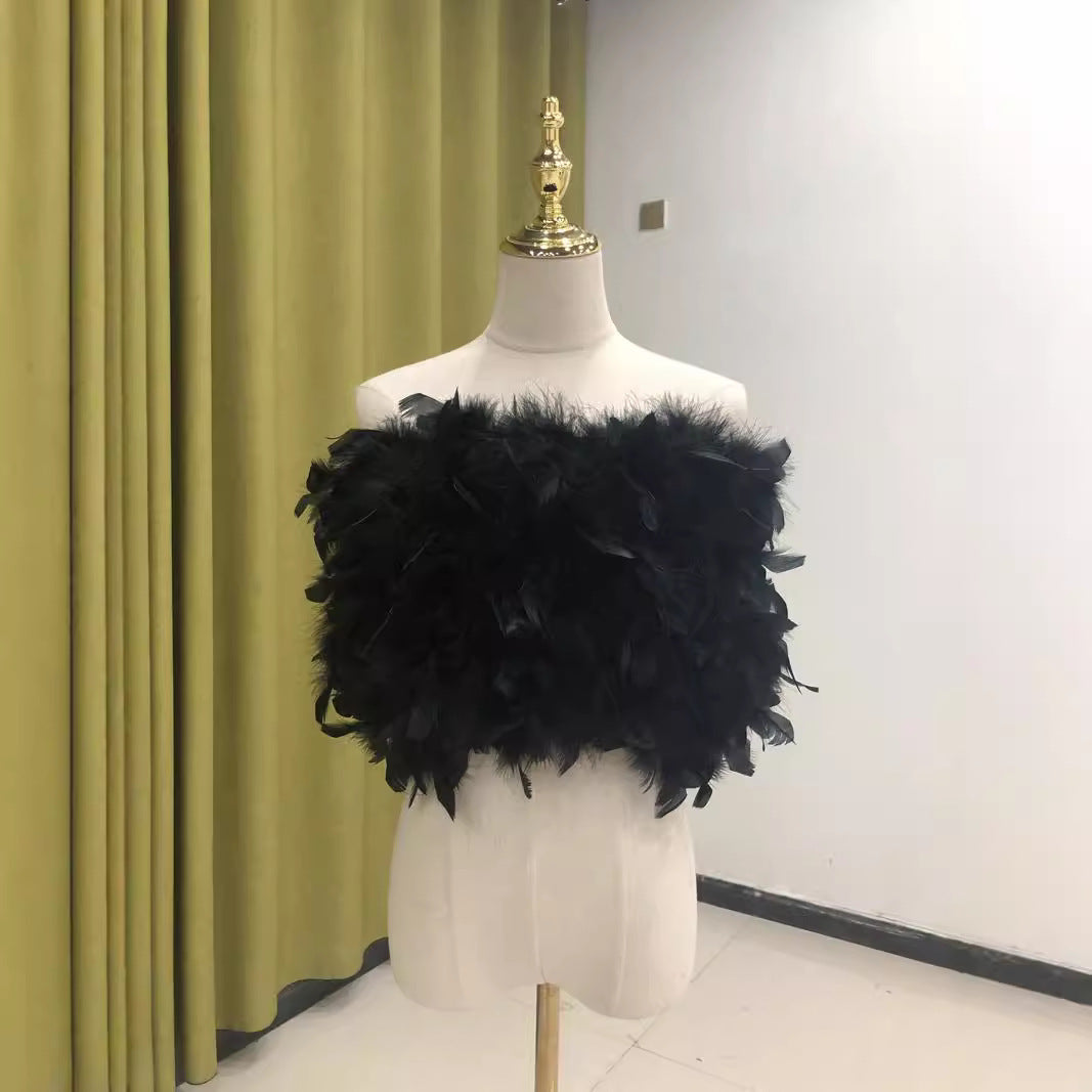 Women's vest feather wrap top one shoulder crop top tube top turkey feather summer hand-woven sewn clothing factory that can be wholesaled