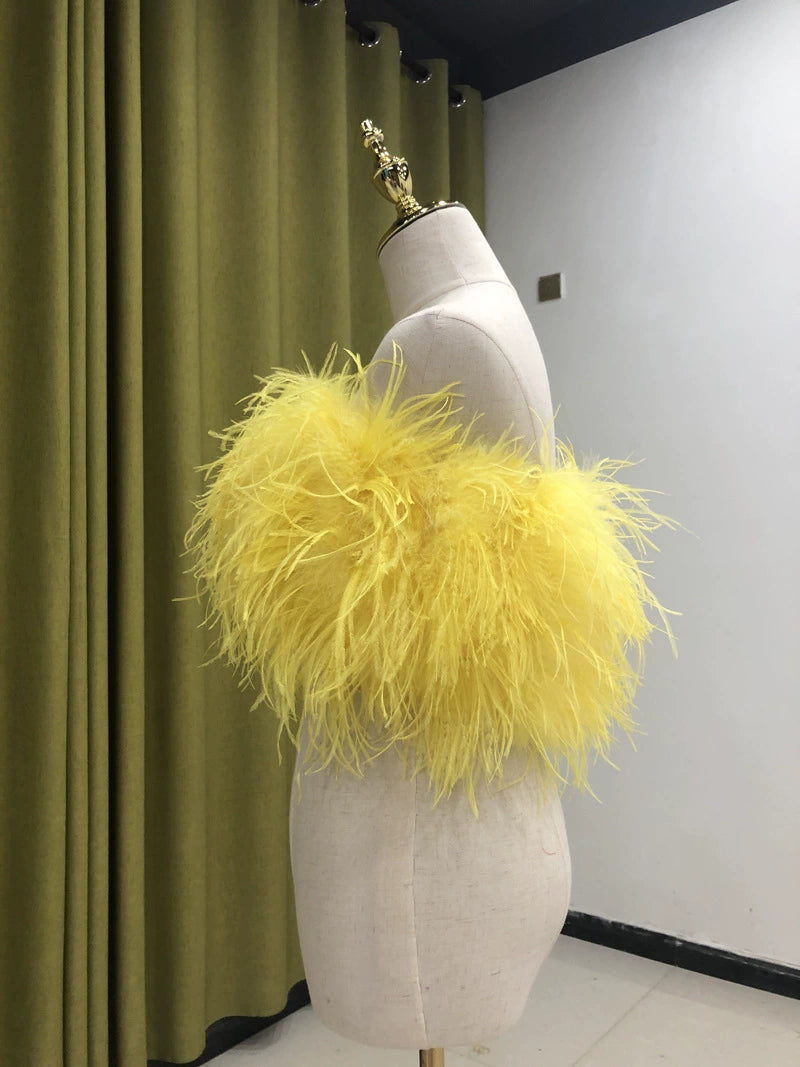 Ostrich feather vest tube top for women sexy off-shoulder top handmade