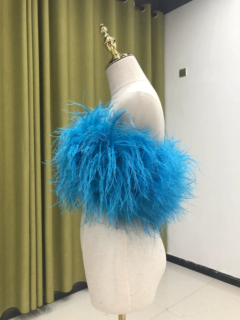 Ostrich feather vest tube top for women sexy off-shoulder top handmade