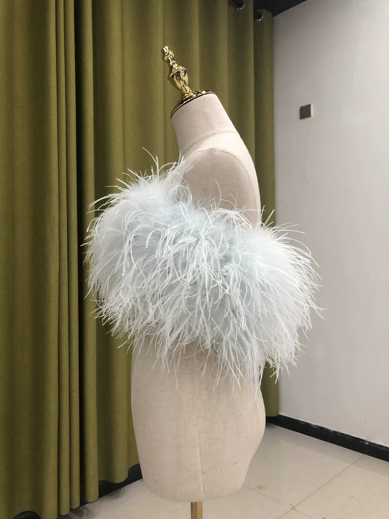 Ostrich feather vest tube top for women sexy off-shoulder top handmade