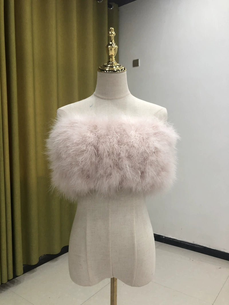 Women's vest, feather wrap top, one-shoulder crop top, tube top, turkey feathers, summer, hand-woven and sewn, wholesale clothing factory, sleeveless, sexy, nightclub