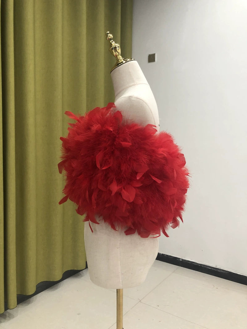 Women's vest feather wrap top one shoulder crop top tube top turkey feather summer hand-woven sewn clothing factory that can be wholesaled