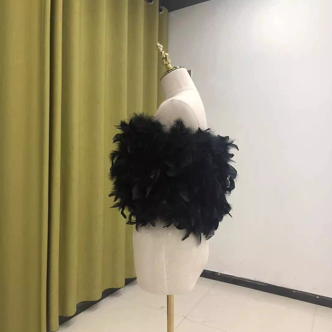 Women's vest feather wrap top one shoulder crop top tube top turkey feather summer hand-woven sewn clothing factory that can be wholesaled