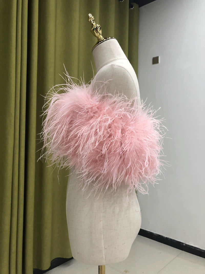 Ostrich feather vest tube top for women sexy off-shoulder top handmade