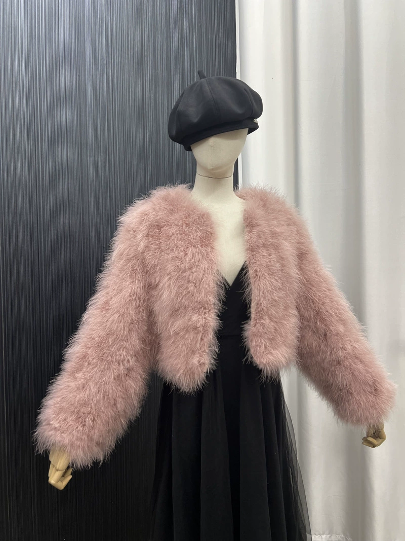 Turkey feather jacket, women's outerwear, short jacket, thin cotton top, hand-woven and sewn, solid color, short jacket, clothing factory can wholesale and customize