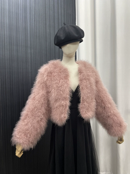 Turkey feather jacket, women's outerwear, short jacket, thin cotton top, hand-woven and sewn, solid color, short jacket, clothing factory can wholesale and customize