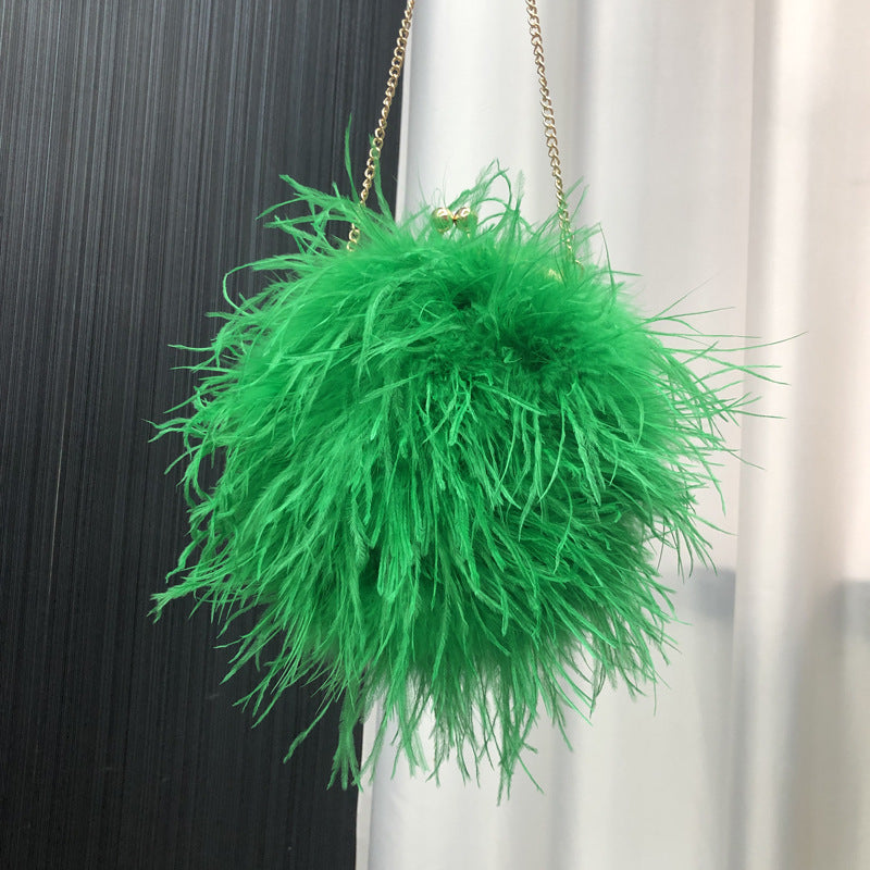 Custom European and American Cross-Border Trade Ostrich Feather Bag Crossbody Small Round Bag Phone Bag Handmade Fur Bag