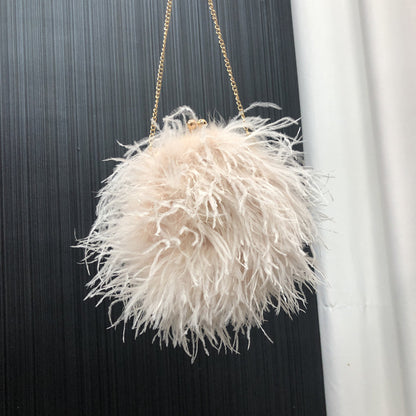 Custom European and American Cross-Border Trade Ostrich Feather Bag Crossbody Small Round Bag Phone Bag Handmade Fur Bag
