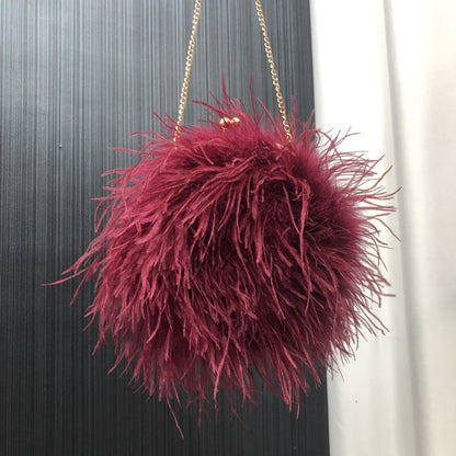 Custom European and American Cross-Border Trade Ostrich Feather Bag Crossbody Small Round Bag Phone Bag Handmade Fur Bag