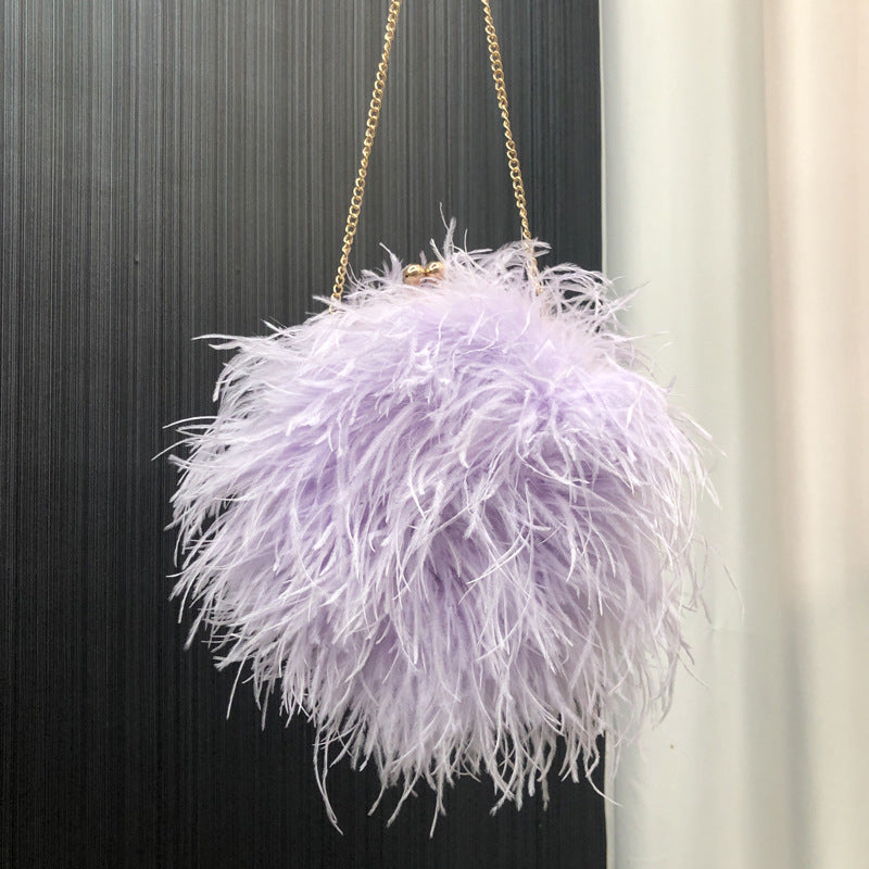 Custom European and American Cross-Border Trade Ostrich Feather Bag Crossbody Small Round Bag Phone Bag Handmade Fur Bag