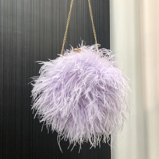 Custom European and American Cross-Border Trade Ostrich Feather Bag Crossbody Small Round Bag Phone Bag Handmade Fur Bag