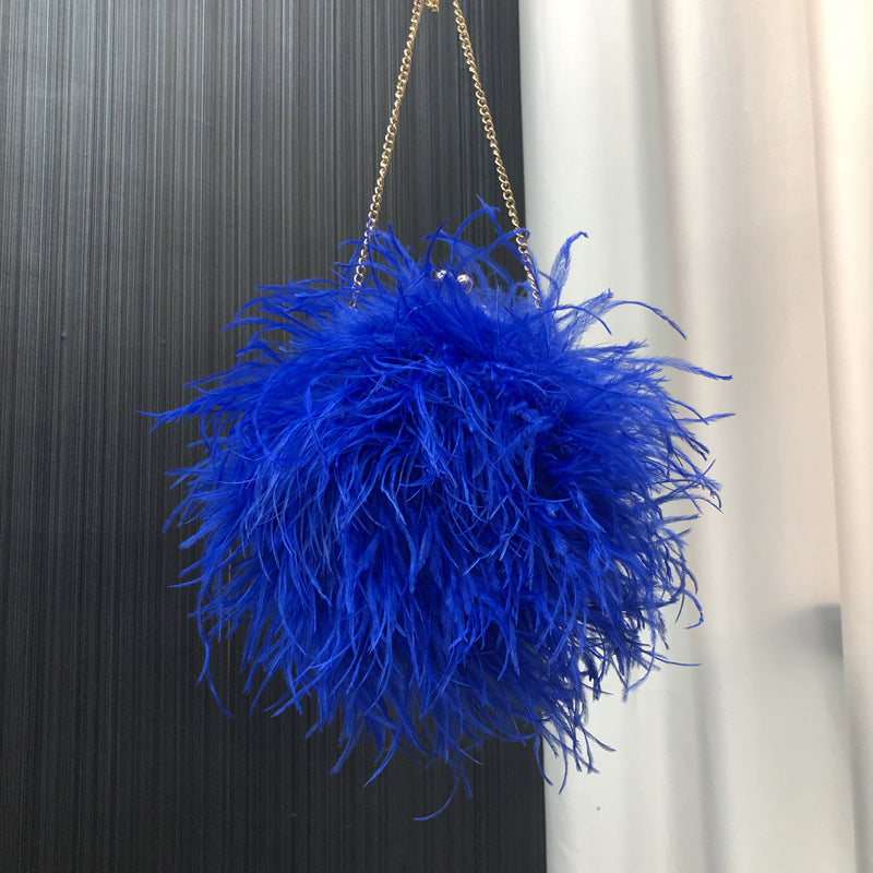 Custom European and American Cross-Border Trade Ostrich Feather Bag Crossbody Small Round Bag Phone Bag Handmade Fur Bag