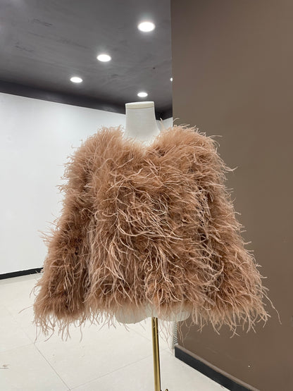 Length 55cm Coat made of ostrich feathers Tops Women Thin cotton Short outerwear Winter cotton coat Hand-woven and sewn Customized size available Wholesale available Garment factory