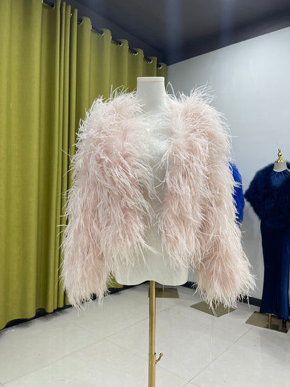 45cm long ostrich feather coat for women, short coat, real feather hand-woven and sewn, thin cotton in winter, warm and soft, wholesale clothing factory, custom sizes available