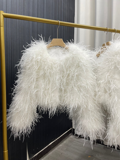 45cm long ostrich feather coat for women, short coat, real feather hand-woven and sewn, thin cotton in winter, warm and soft, wholesale clothing factory, custom sizes available