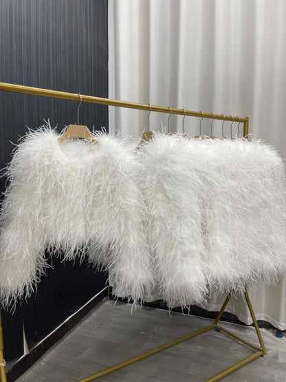 45cm long ostrich feather coat for women, short coat, real feather hand-woven and sewn, thin cotton in winter, warm and soft, wholesale clothing factory, custom sizes available