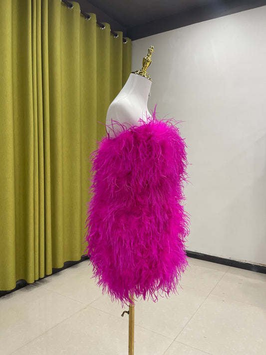 Dress, women's off-shoulder skirt, short skirt, ostrich feather skirt, long feather skirt, sexy short skirt, wholesale, custom size available