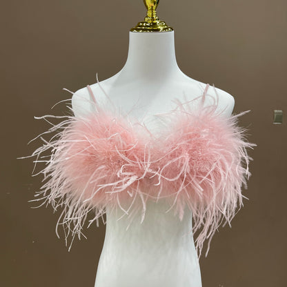 Ostrich feather bra, ostrich feather vest, ostrich feather chest wrap, backless sexy bra, women's beautiful back bra, outer wear bra vest, wholesale, clothing factoryTriangle cup bra