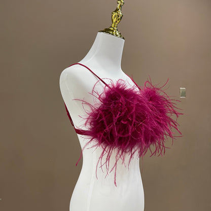 Ostrich feather bra, ostrich feather vest, ostrich feather chest wrap, backless sexy bra, women's beautiful back bra, outer wear bra vest, wholesale, clothing factoryTriangle cup bra