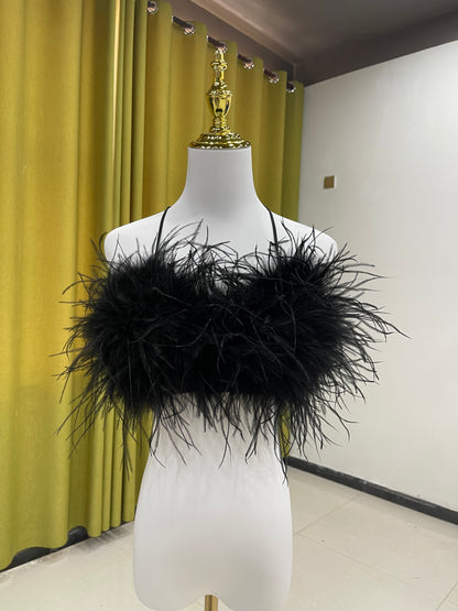 Ostrich feather bra, ostrich feather vest, ostrich feather chest wrap, backless sexy bra, women's beautiful back bra, outer wear bra vest, wholesale, clothing factoryTriangle cup bra
