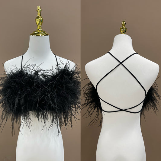 Ostrich feather bra, ostrich feather vest, ostrich feather chest wrap, backless sexy bra, women's beautiful back bra, outer wear bra vest, wholesale, clothing factory