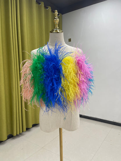 30cm long splicing color bra, feather bra, ostrich feather sleeveless top, off-shoulder vest for women, can be customized, can be wholesaled