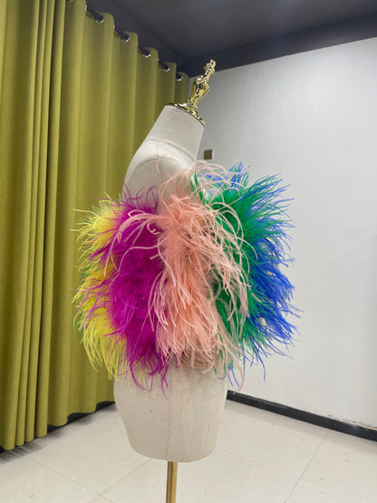 30cm long splicing color bra, feather bra, ostrich feather sleeveless top, off-shoulder vest for women, can be customized, can be wholesaled
