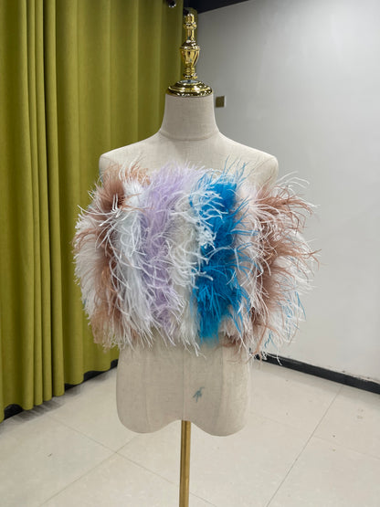 30cm long splicing color bra, feather bra, ostrich feather sleeveless top, off-shoulder vest for women, can be customized, can be wholesaled
