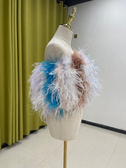 30cm long splicing color bra, feather bra, ostrich feather sleeveless top, off-shoulder vest for women, can be customized, can be wholesaled