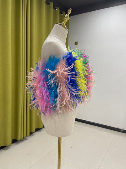 30cm long splicing color bra, feather bra, ostrich feather sleeveless top, off-shoulder vest for women, can be customized, can be wholesaled