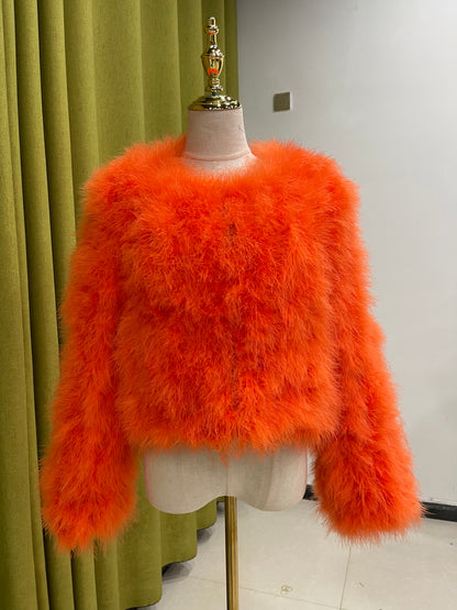 Artisan-Crafted Turkey Feather Fur Jacket, Women's Short Padded Coat, Soft, Light & Cozy Winter Outerwear by 20-Year Factory