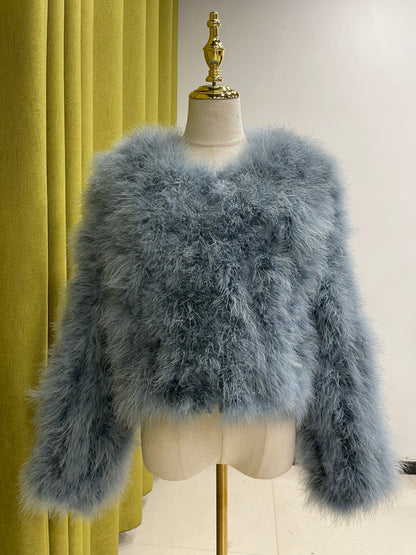 Artisan-Crafted Turkey Feather Fur Jacket, Women's Short Padded Coat, Soft, Light & Cozy Winter Outerwear by 20-Year Factory