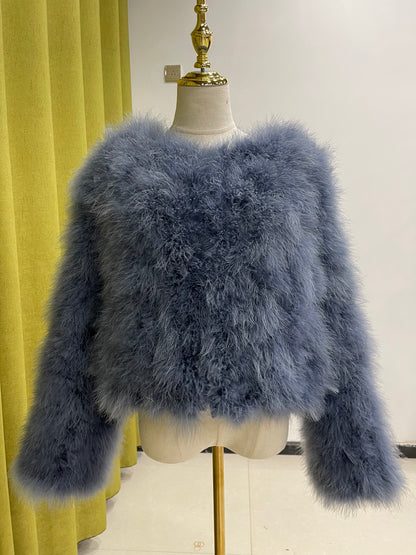 Artisan-Crafted Turkey Feather Fur Jacket, Women's Short Padded Coat, Soft, Light & Cozy Winter Outerwear by 20-Year Factory