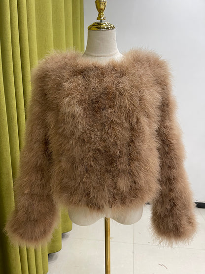 Artisan-Crafted Turkey Feather Fur Jacket, Women's Short Padded Coat, Soft, Light & Cozy Winter Outerwear by 20-Year Factory