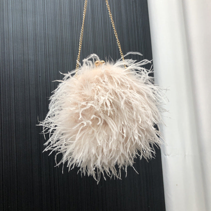 Custom European and American Cross-Border Trade Ostrich Feather Bag Crossbody Small Round Bag Phone Bag Handmade Fur Bag