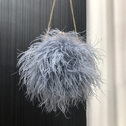 Custom European and American Cross-Border Trade Ostrich Feather Bag Crossbody Small Round Bag Phone Bag Handmade Fur Bag